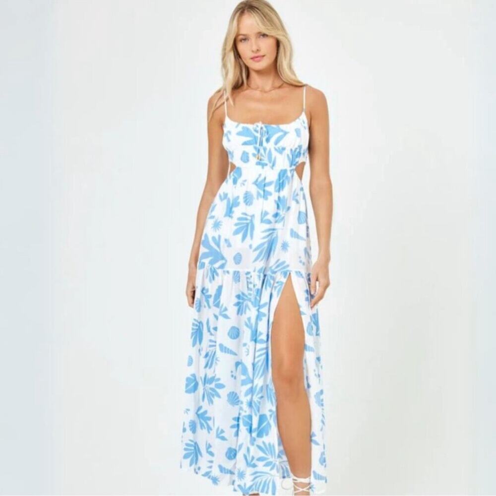 l*space White and Light Blue Floral Maxi Dress with Side Slit